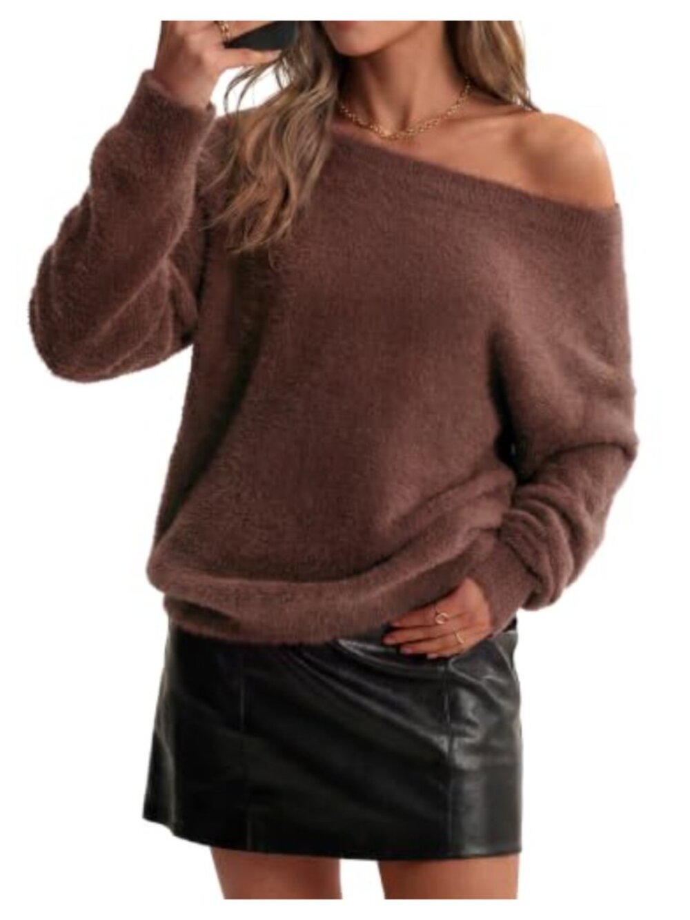 Wool Blend Off the Shoulder Pullover Sweater Relaxed Fit Long Sleeve
